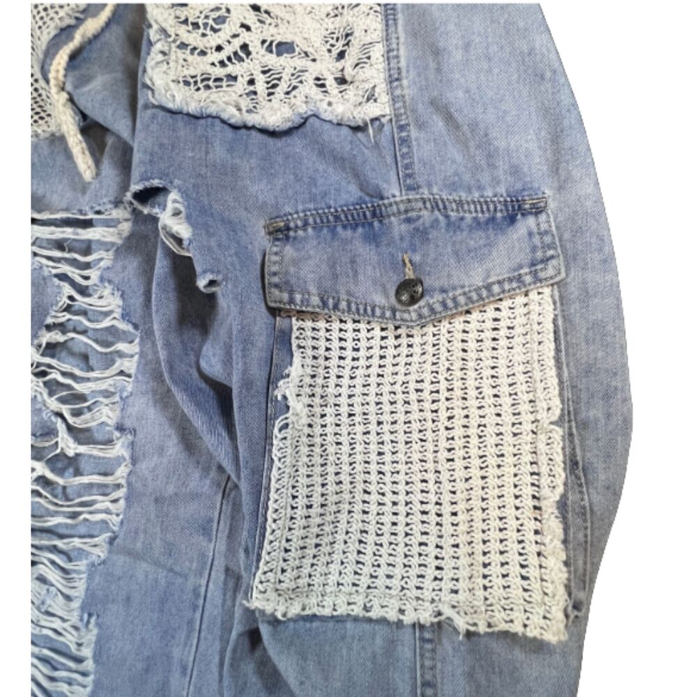 POL Boho Distressed Crochet Patchwork Denim Joggers Large - Picture 3 of 7
